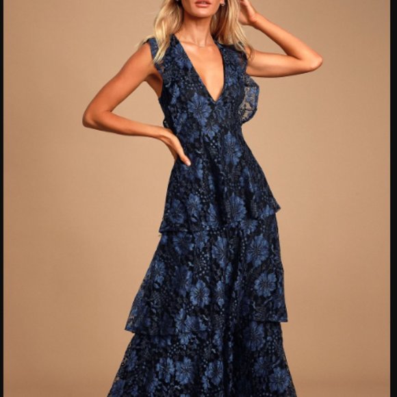 Lulus Dresses & Skirts - NWT - Lulus Molinetto Navy Blue Lace Ruffled Tiered Sleeveless Maxi Dress sz sm